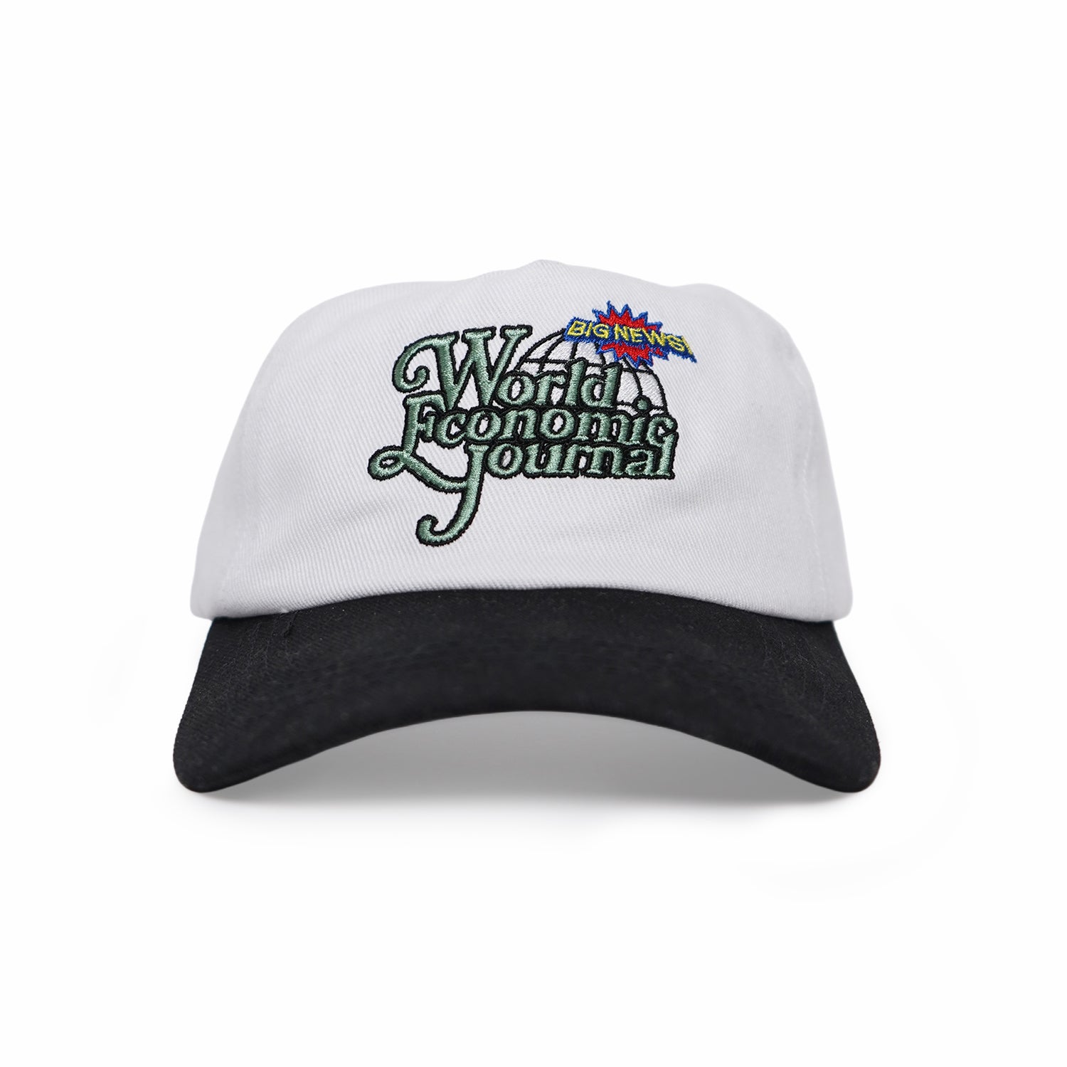 White cap with black brim featuring 'World Economic Journal' text on a white background