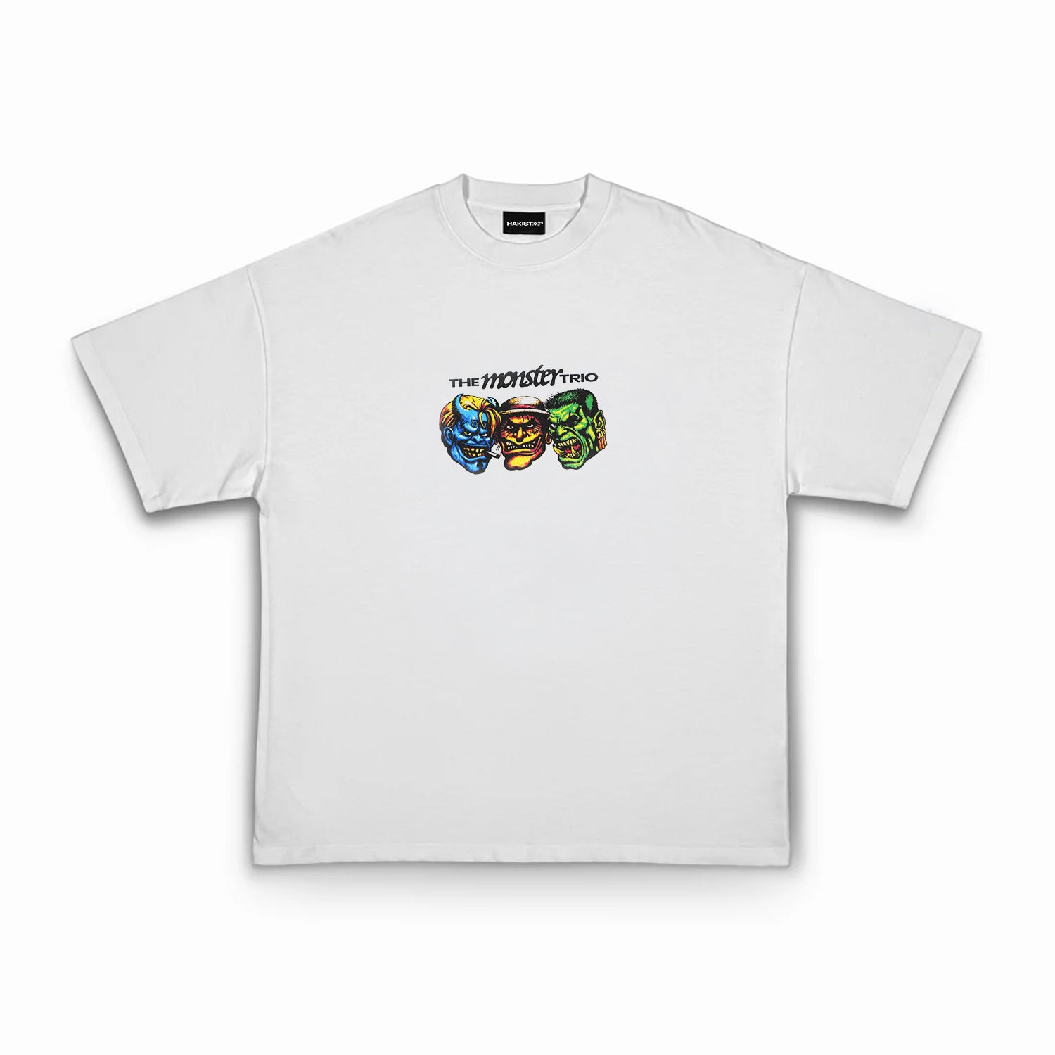 White t-shirt with colorful graphic design on a white background