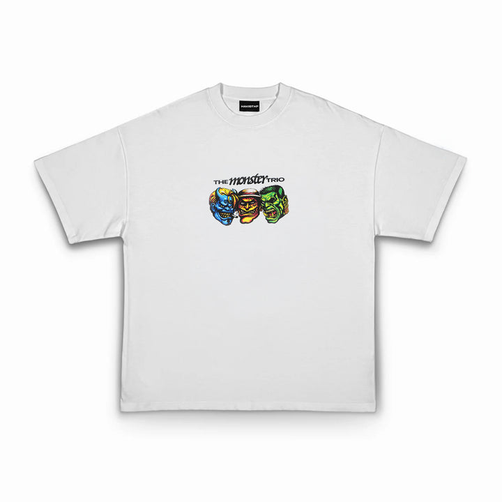 White t-shirt with colorful graphic design on a white background