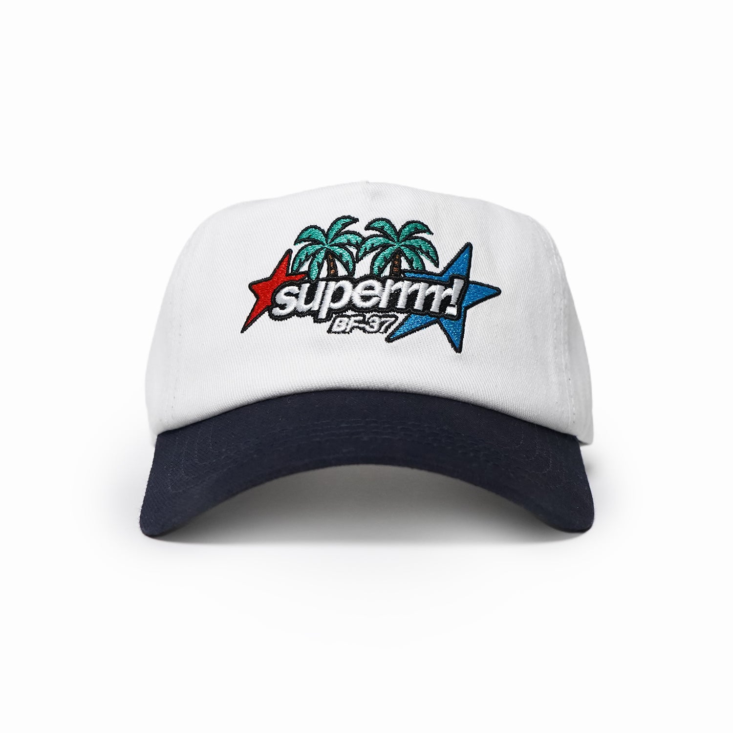 White cap with blue brim featuring a colorful logo on a white background