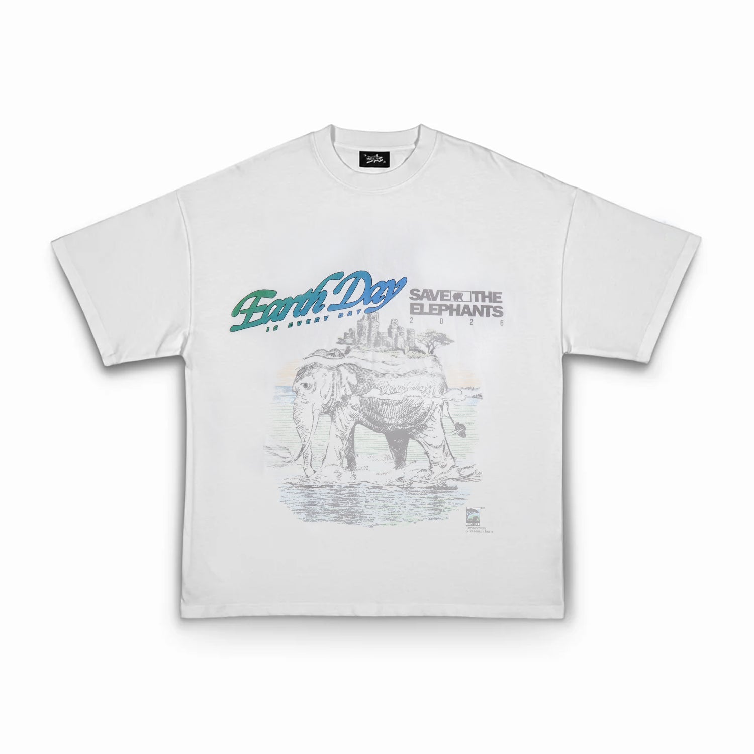White t-shirt with elephant graphic and text on a white background