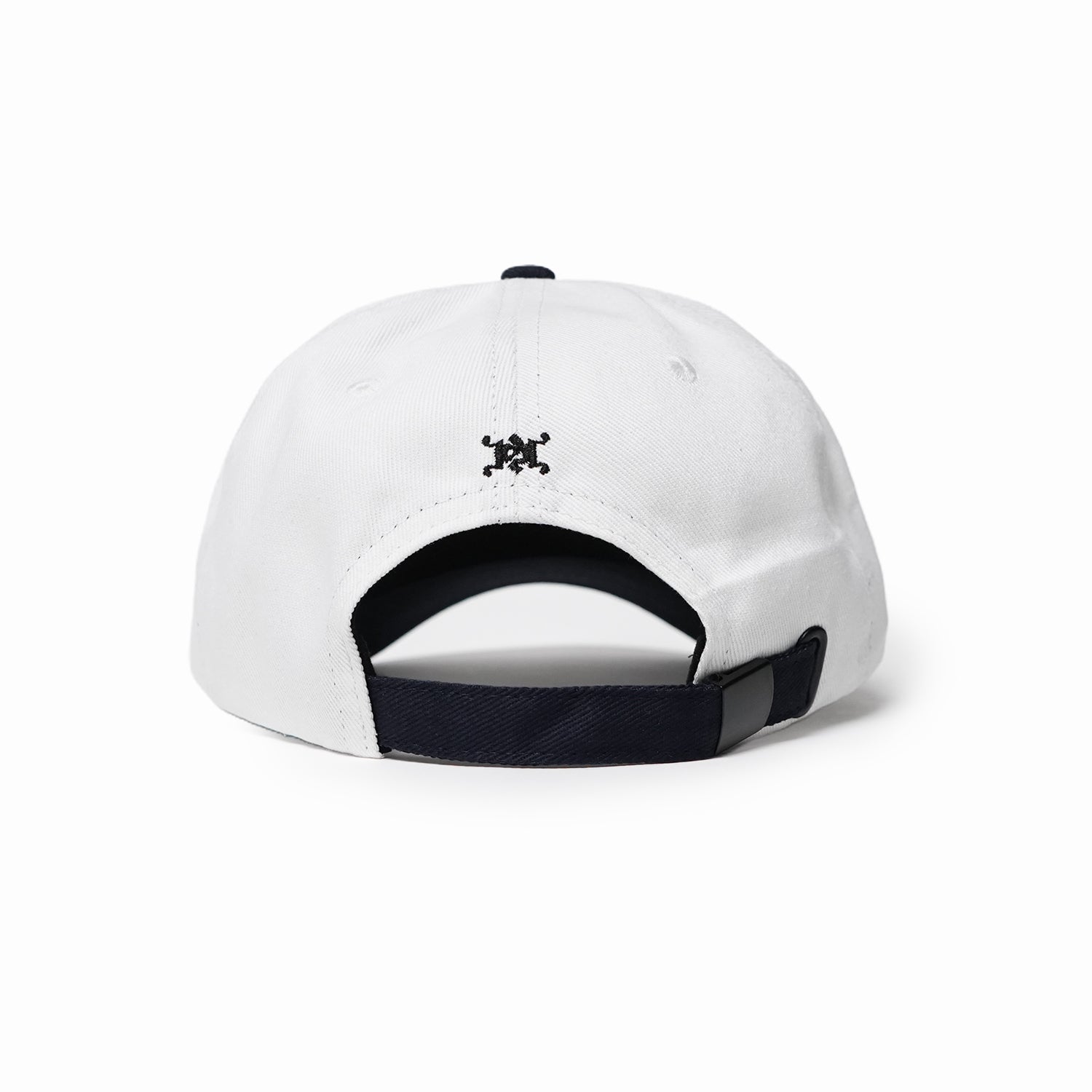 White cap with black strap and logo on a white background