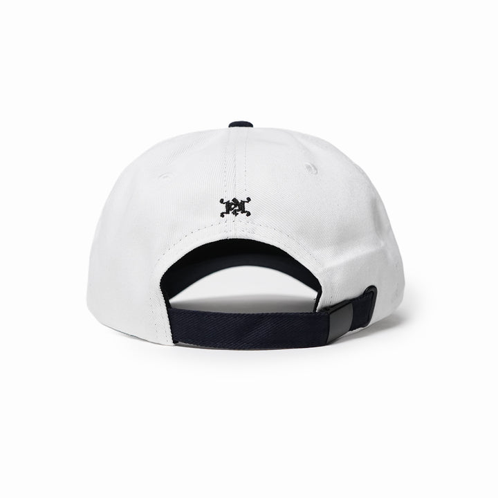 White cap with black strap and logo on a white background
