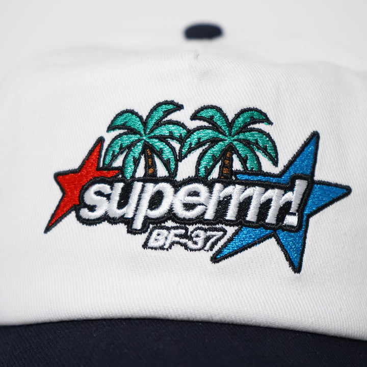 White cap with embroidered palm trees and 'superior' logo on a white background