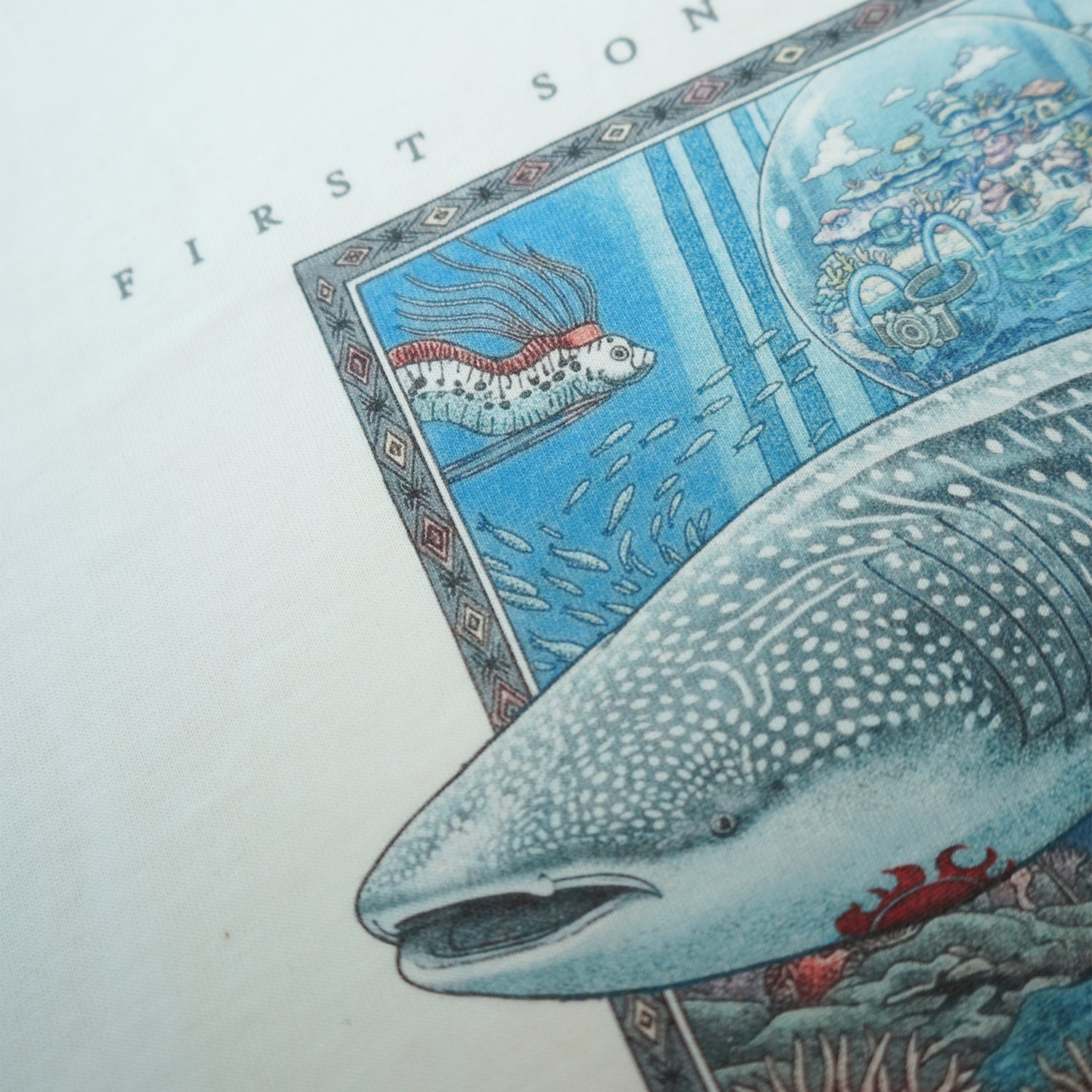 Illustration of a whale shark with an underwater scene in the background