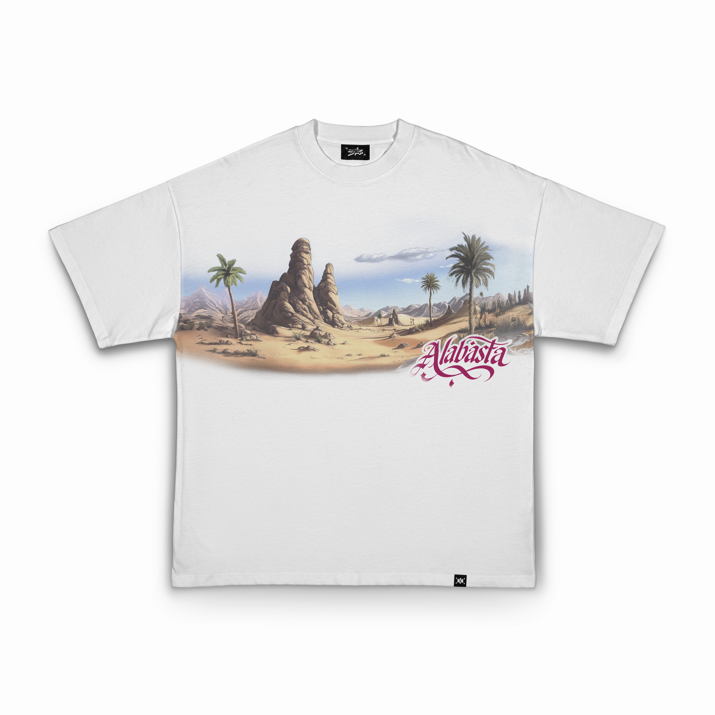 White t-shirt with a desert landscape graphic and 'Alhurra' branding on a white background