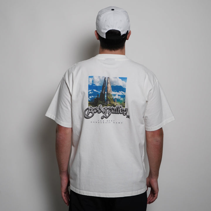 Person wearing a white t-shirt with a graphic design on a plain background