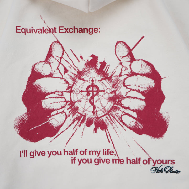 White hoodie with red graphic and text on a white background