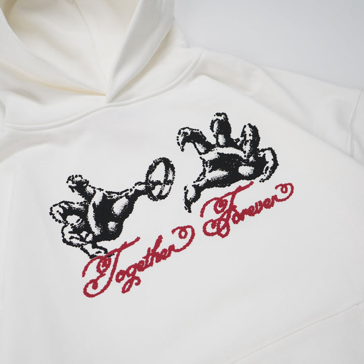 White hoodie with black paw prints and 'Together Forever' text on a white background
