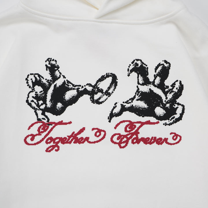 White hoodie with black paw prints and 'Together Forever' text on a white background