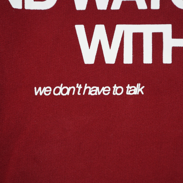 Red fabric with white text on a red background
