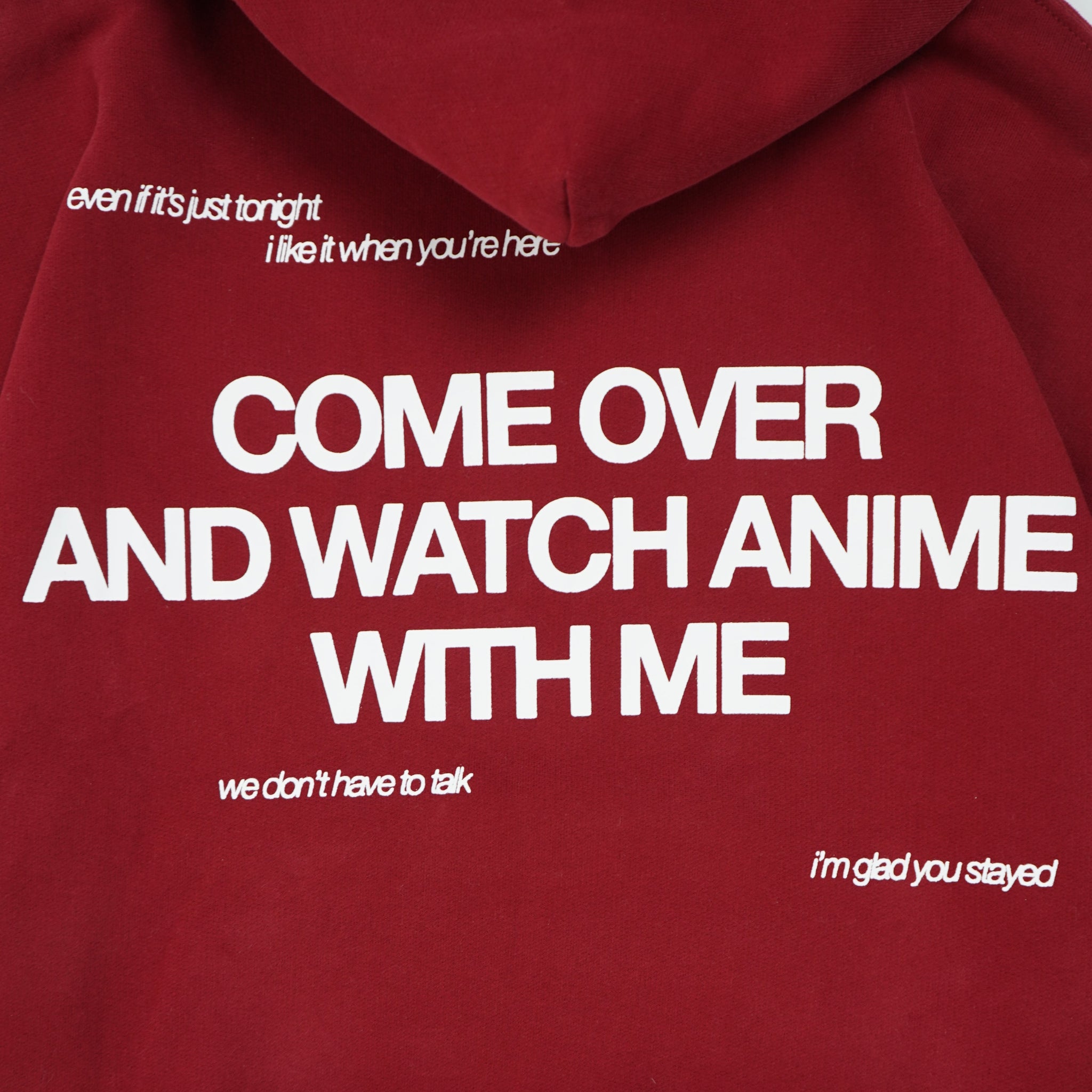 Red bag with white text on a white background