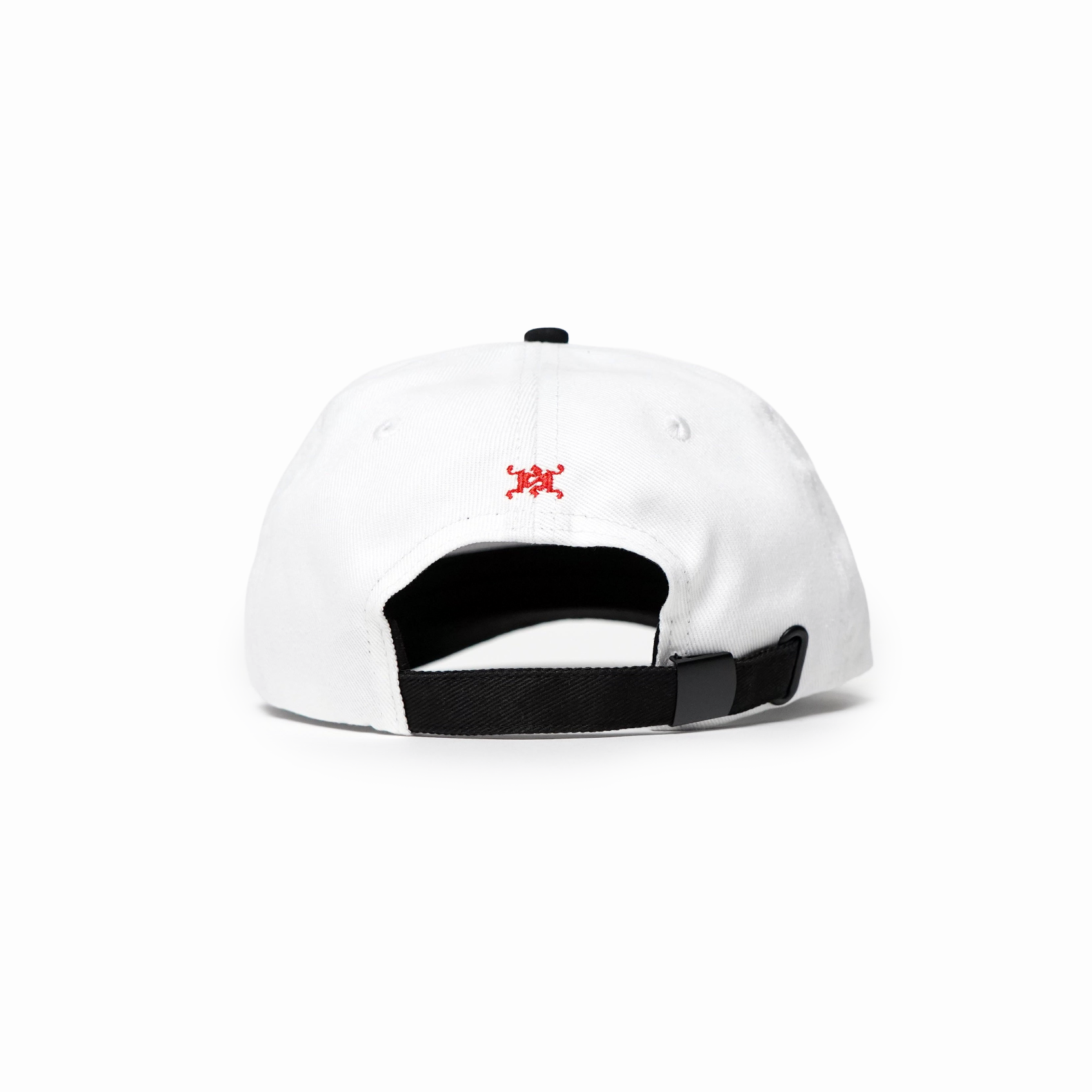 White cap with black brim and red logo on a white background