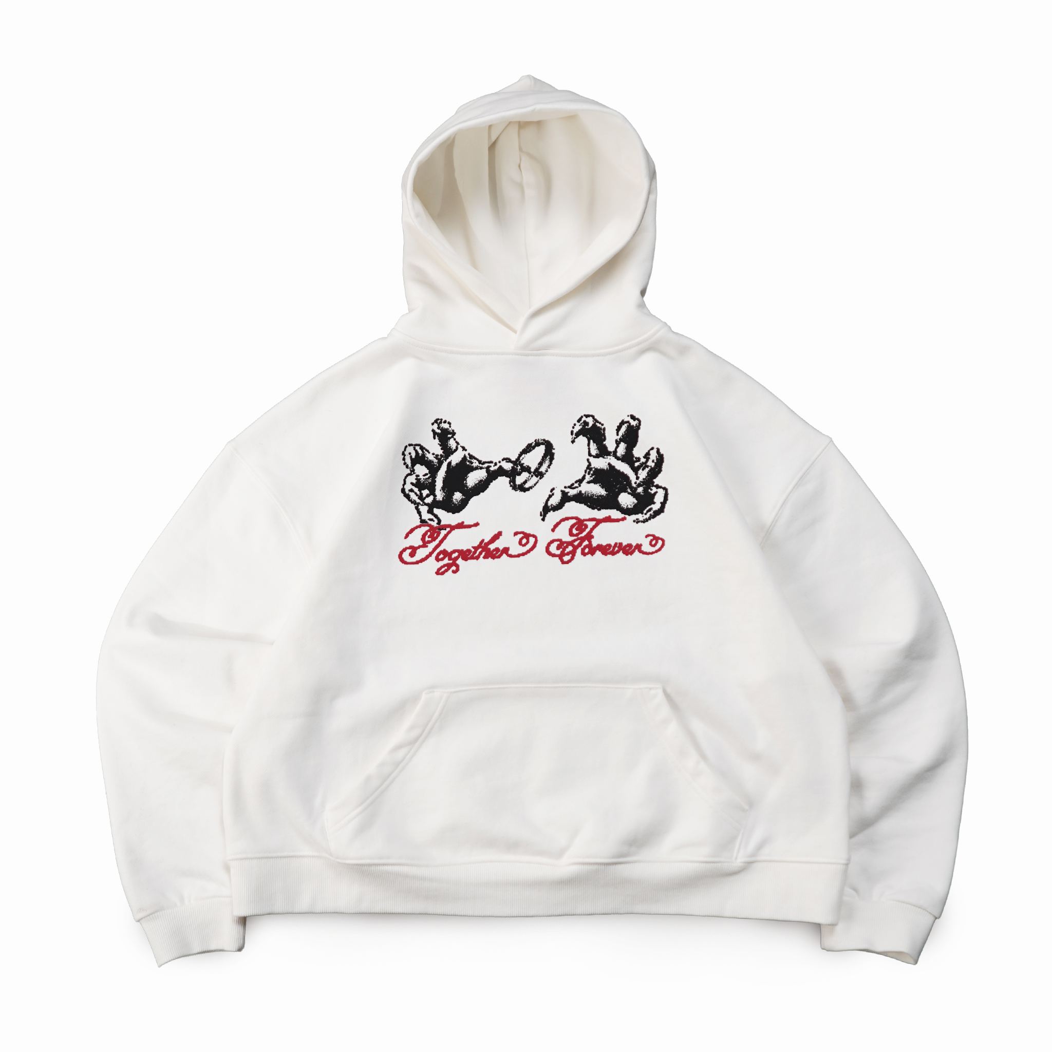 White hoodie with black graphics and red text on a white background