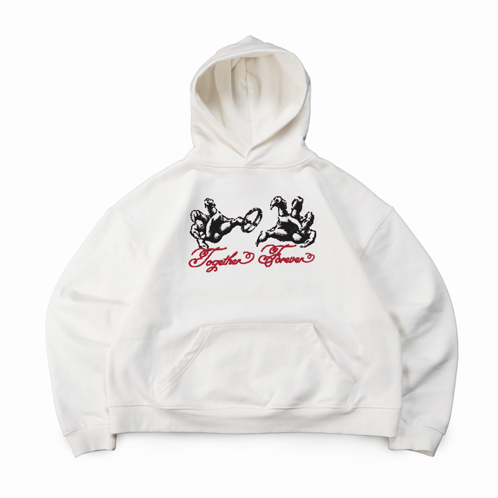 White hoodie with black graphics and red text on a white background